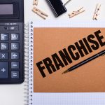 Na pulpicie kalkulator, długopis i spinacze do bielizny obok notesu z napisem FRANCZYZA. Pomysł na biznes. Widok z góry