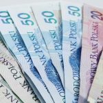 A detailed view of Polish Zloty banknotes fanned out, showcasing currency design.