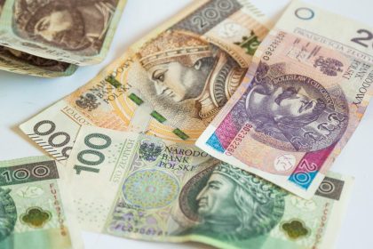 Detailed view of Polish currency banknotes, featuring multiple denominations and designs.