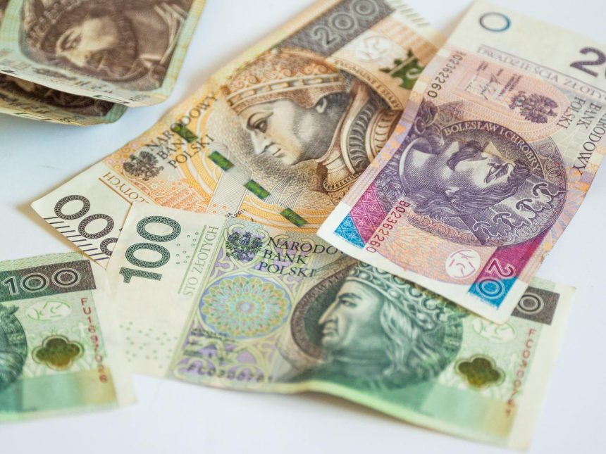 Detailed view of Polish currency banknotes, featuring multiple denominations and designs.