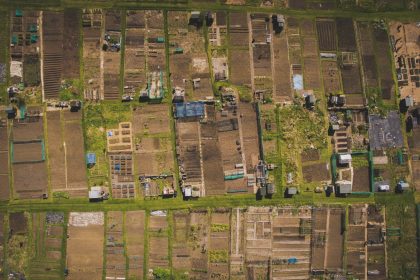bird's eye view of buildings and grass
