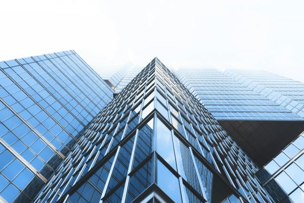 low angle photography curtain wall buildings