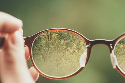 person holding brown eyeglasses with green trees background